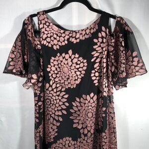 Elegant Cold-Shoulder Black Dress w/ Shimmery Pink/Copper Sheer Floral Design 10